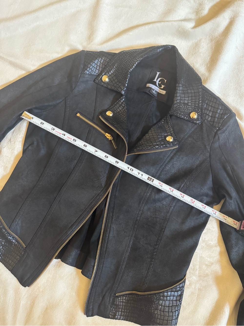 Lena Gabrielle Black Faux Leather Moto Jacket Croc-Texture and Gold tone Accents - Picture 5 of 8